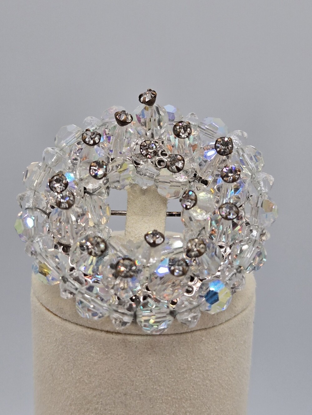 Vintage Aurora Borealis AB Crystal Beaded Cluster Brooch Filigree Pin 1.75"